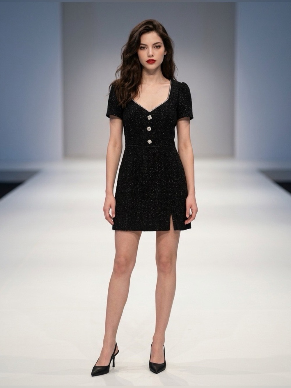 Francesca’s Black Sparkle Tweed Mini Dress Pearl Trim Fit & Flare Small